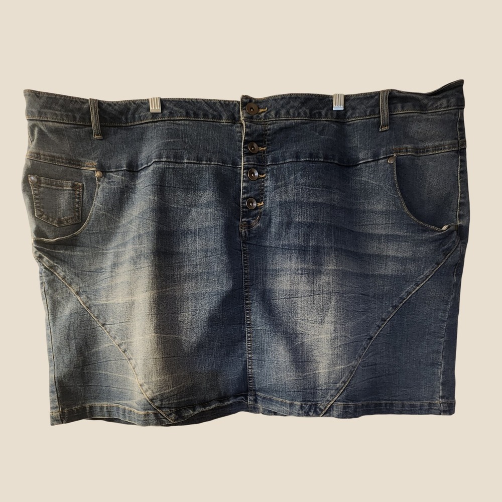 Ellos Blue Denim Mini Skirt Button Fly Plus Size 32 Stretch Cotton Blend Skirt